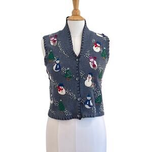 Studio FA LA LA Dark Blue Snowman Sweater Vest, Collared, Beaded, Size S